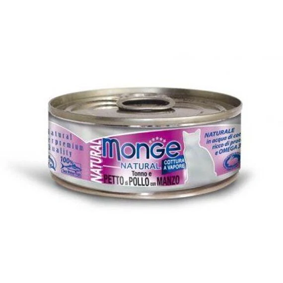 Monge Natural konzerva pro kočky s tuňákem, kuřecími prsy a hovězím 80 g