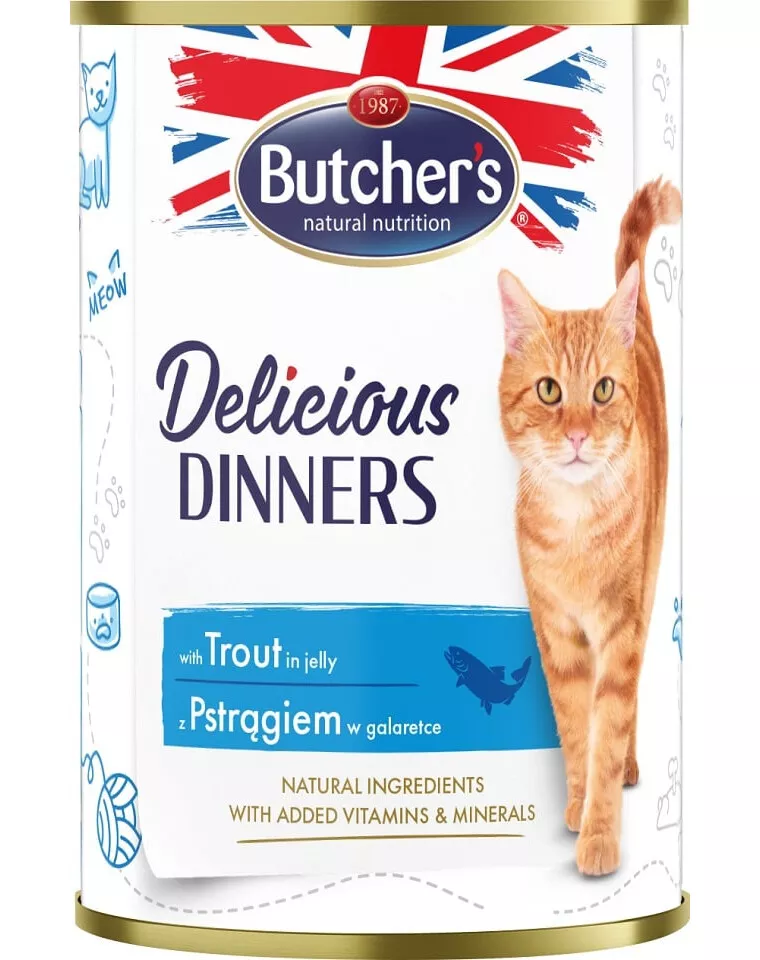 Butcher's Cat Delicious Dinners konzerva pro kočky s pstruhem v želé 400 g