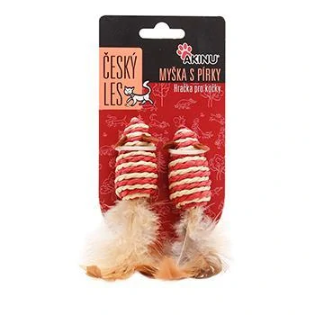 Akinu ČESKÝ LES sisal XS myška s pírky pro kočky 2ks červená