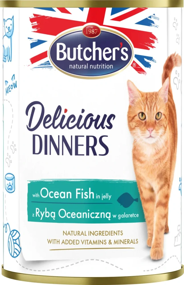 Butcher's Cat Delicious Dinners konzerva pro kočky s mořskými rybami v želé 400 g