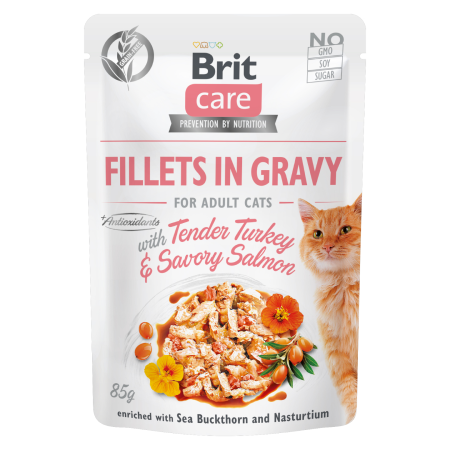 Brit Care Cat kapsička pro kočky s krůtími filety a lososem v omáčce 85 g