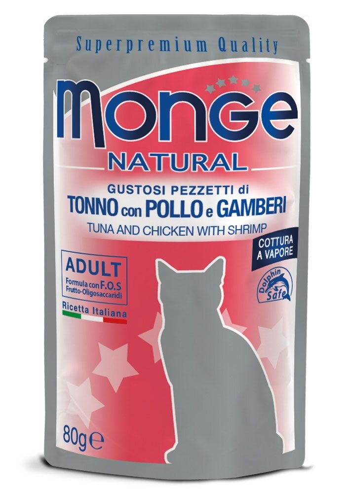 MONGE NATURAL kapsička tuňák a kuře v želé s krevetami pro kočky 80g