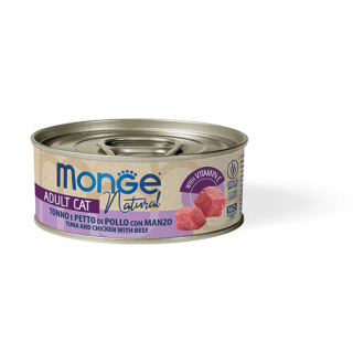 Monge Natural konzerva pro kočky s tuňákem, kuřecími prsy a hovězím 80 g