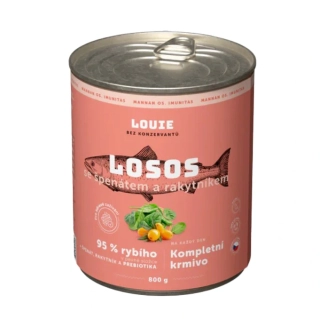 Louie Dog konzerva pro psy losos, rakytník, špenát, prebiotika 800 g
